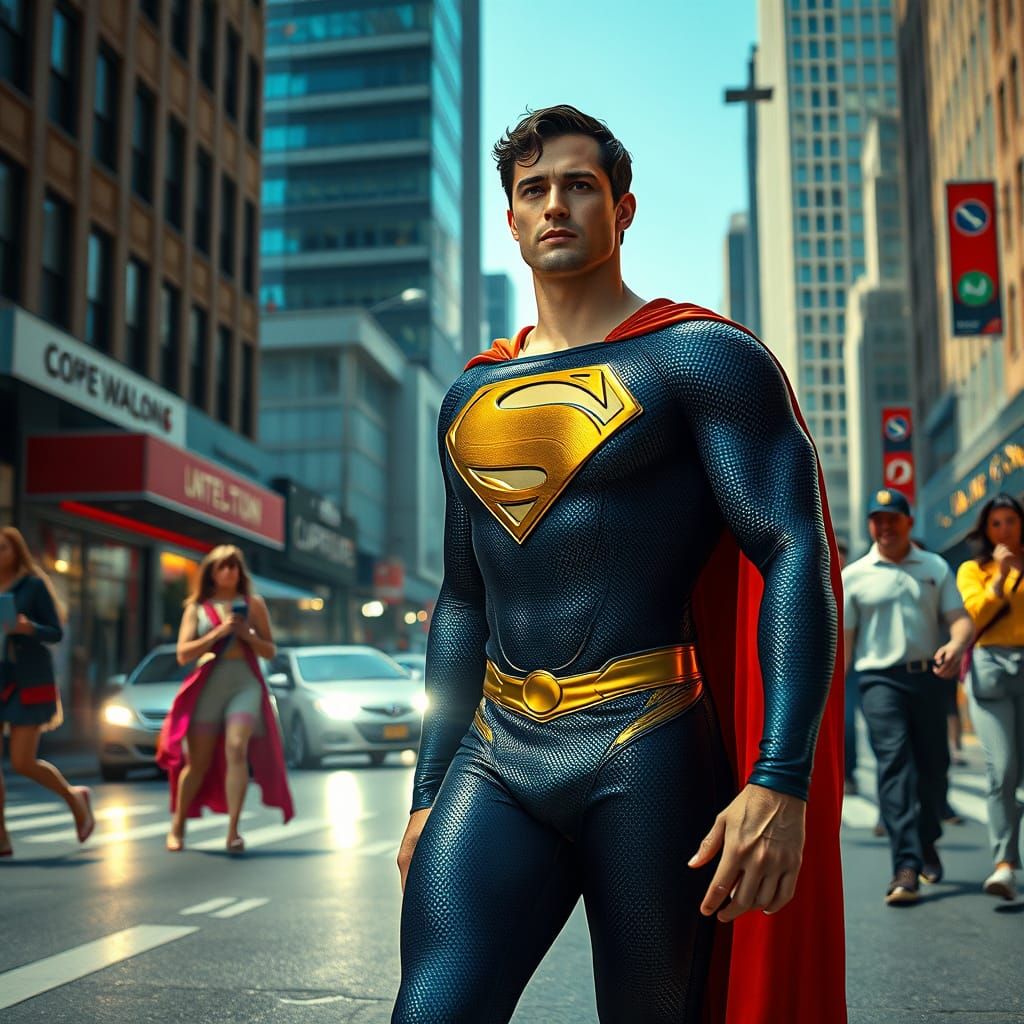 Superman in Gold Stuns Onlookers on Busy Street