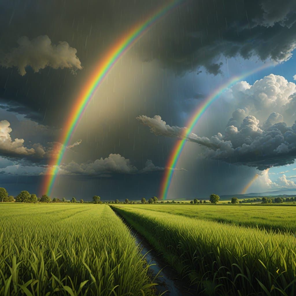 Double Rainbow Over Green Fields in Prismatic Colors