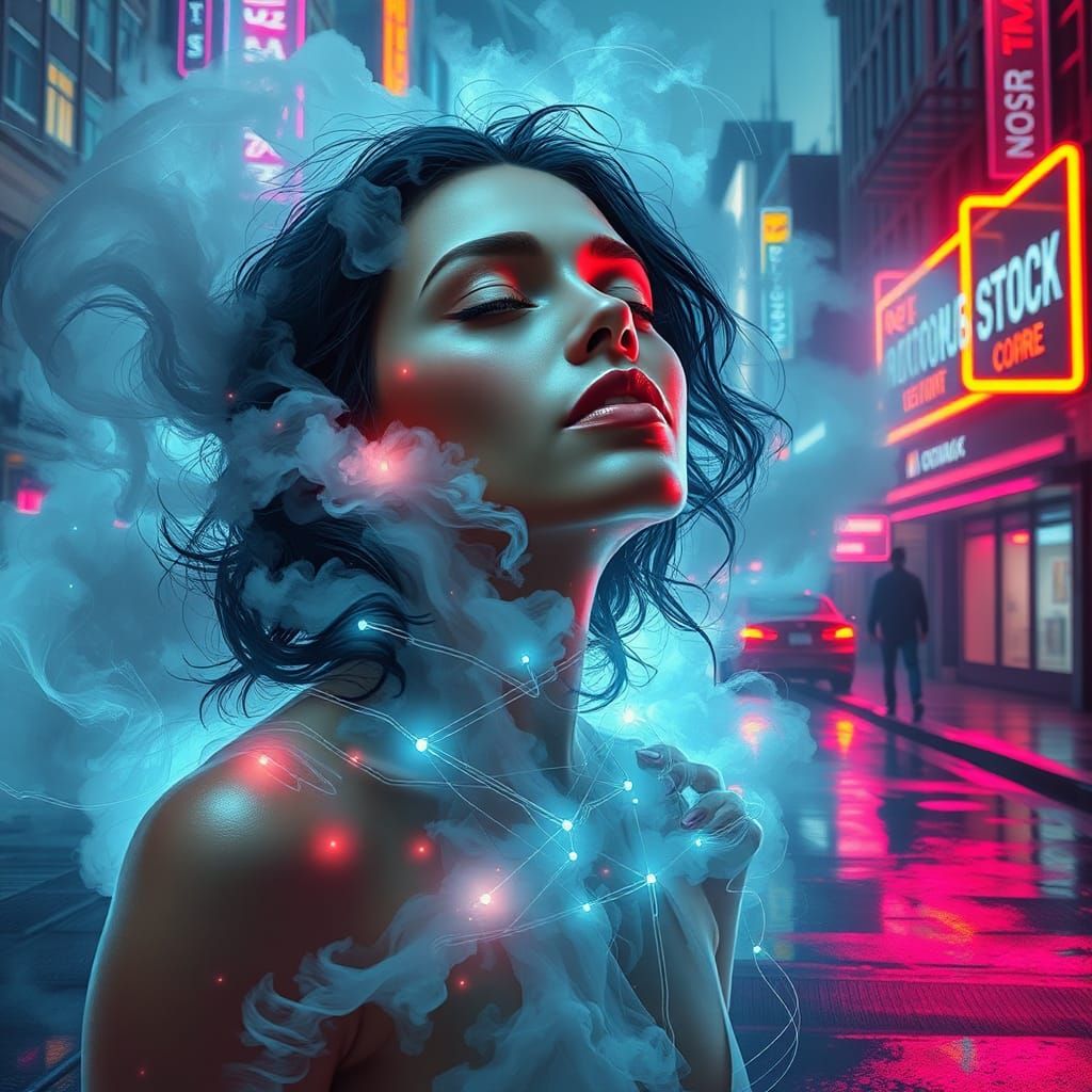 Cyberpunk Woman Rebooting in Futuristic Cityscape