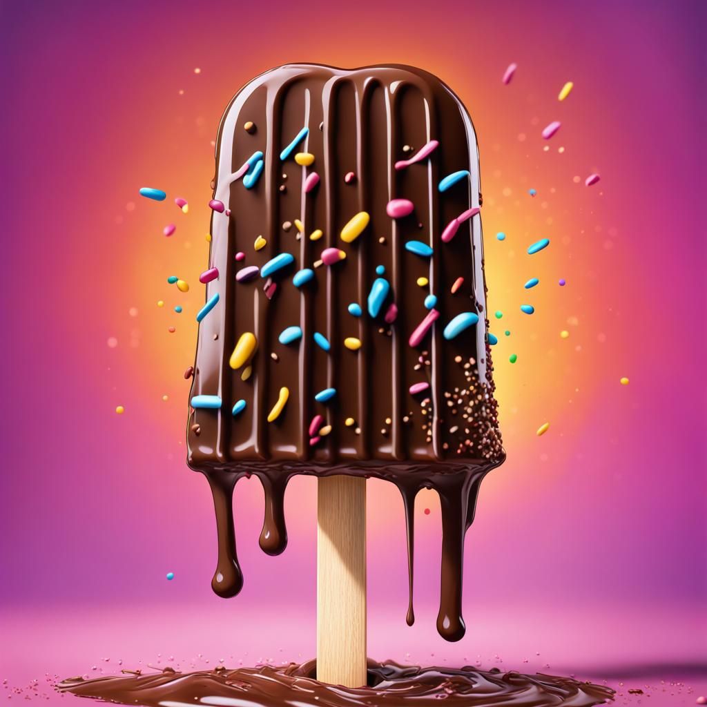 detailed fudge popsicle, dripping chocolate, sprinkles, Hyperrealistic, splash art, concept art, mid shot, intricately ...