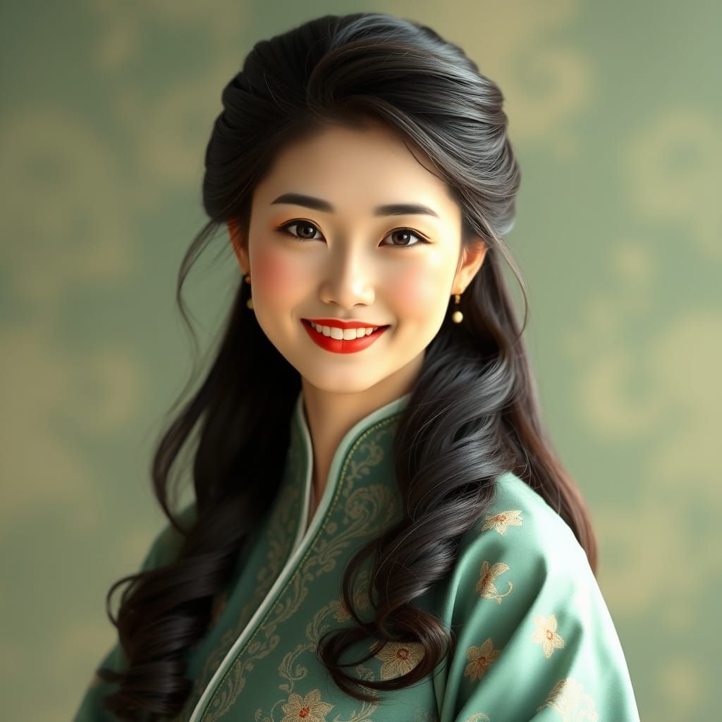 Korean Woman in Jade Hanbok, Folk Art Style