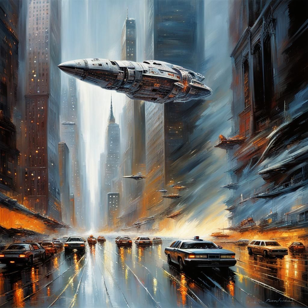 Futuristic Spaceship Emerges in Manhattan, Digital Art