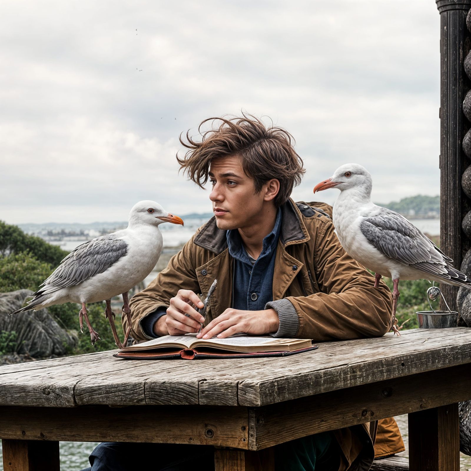 Young Man Learns from Seagull in the Windy Weather
