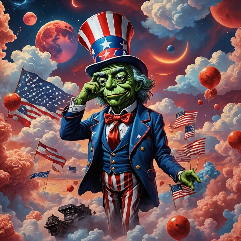 Patriotic Pepe in Surreal Steampunk Synthwave Universe