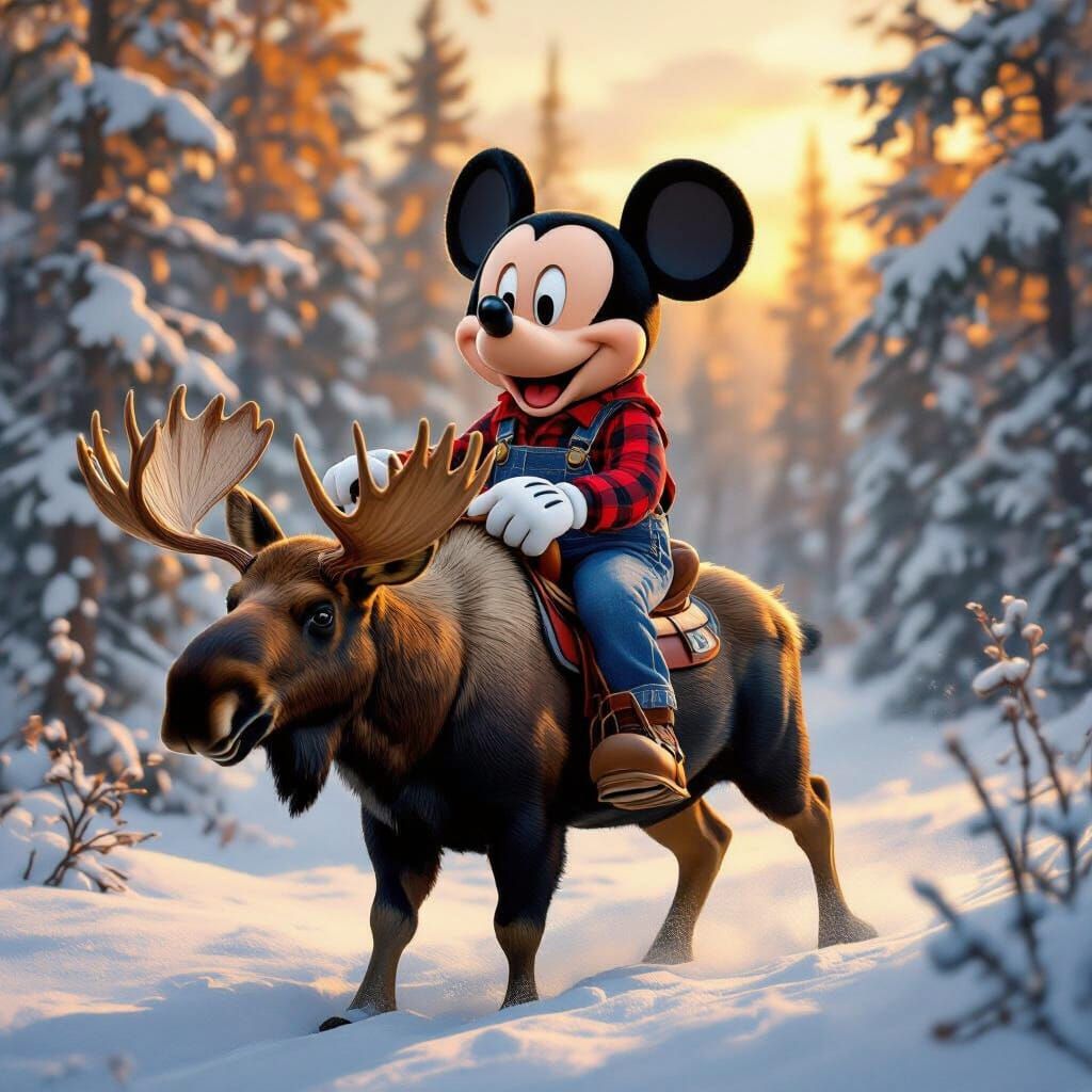 Mickey Mouse Rides Moose in Snowy Banff Forest