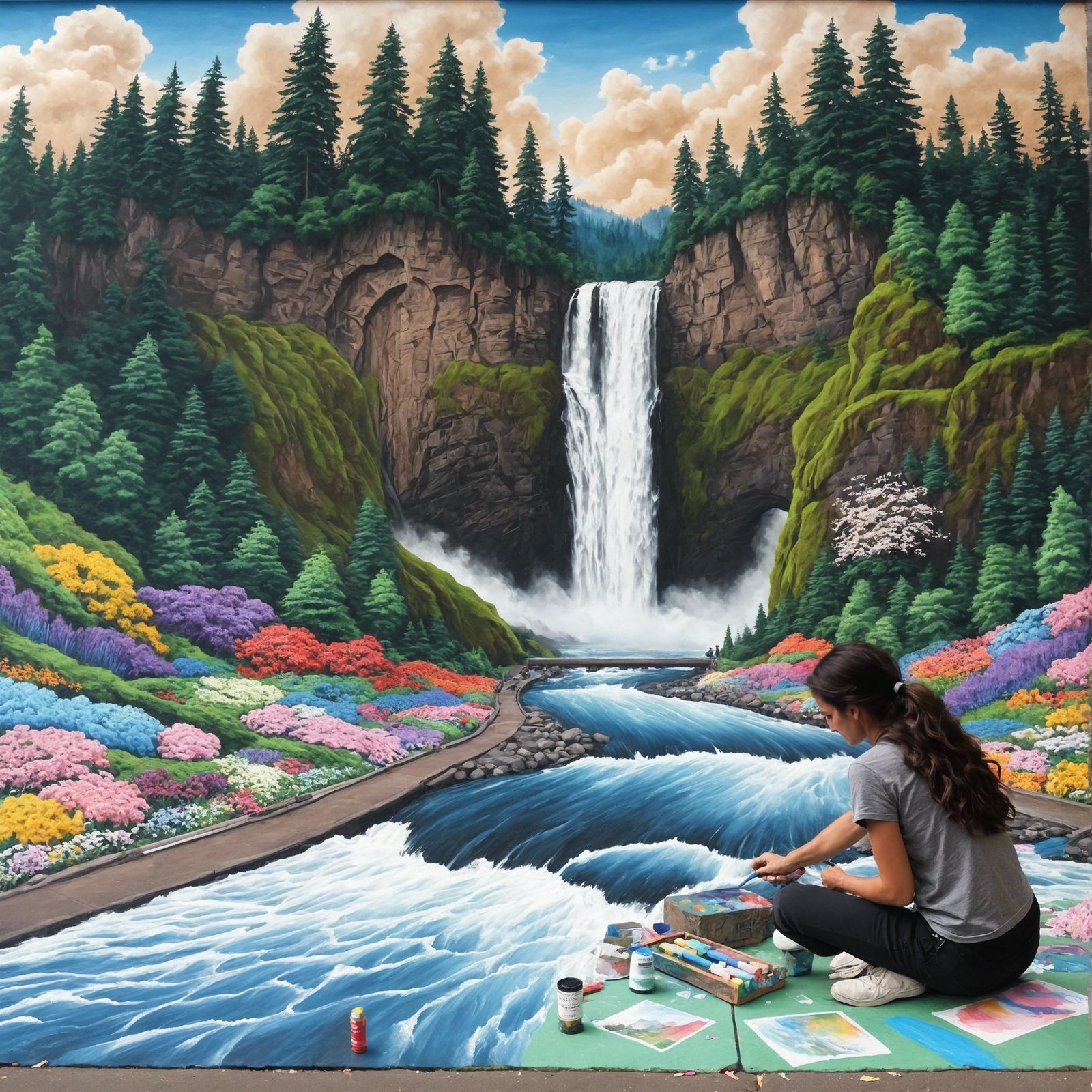 Scenic Waterfall Chalk Art