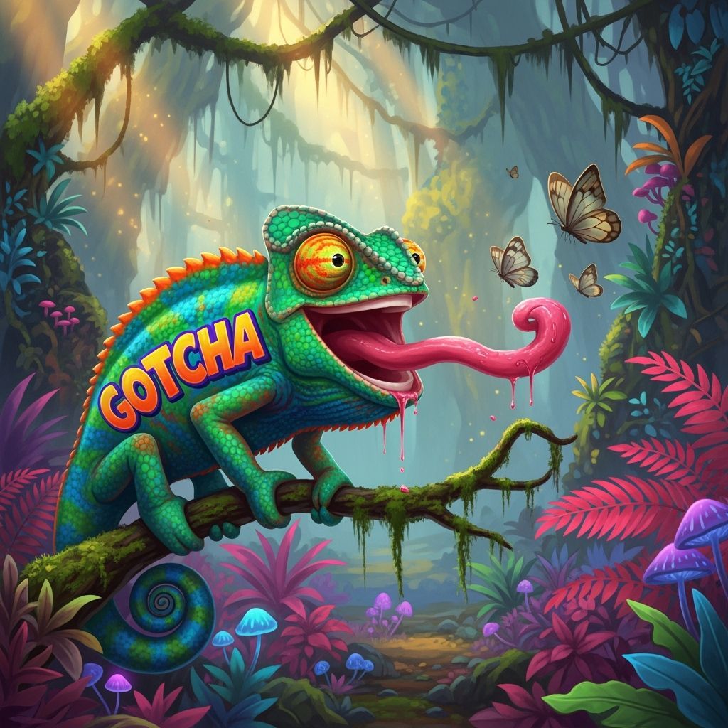 Laughing Chameleon with GOTCHA on Body in Vibrant Rainforest