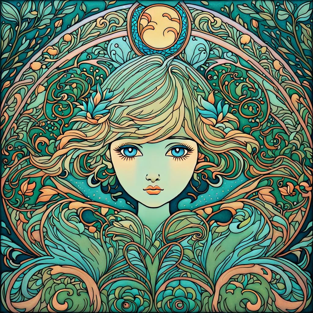 Fantasy Creature in Forest, Art Nouveau Style