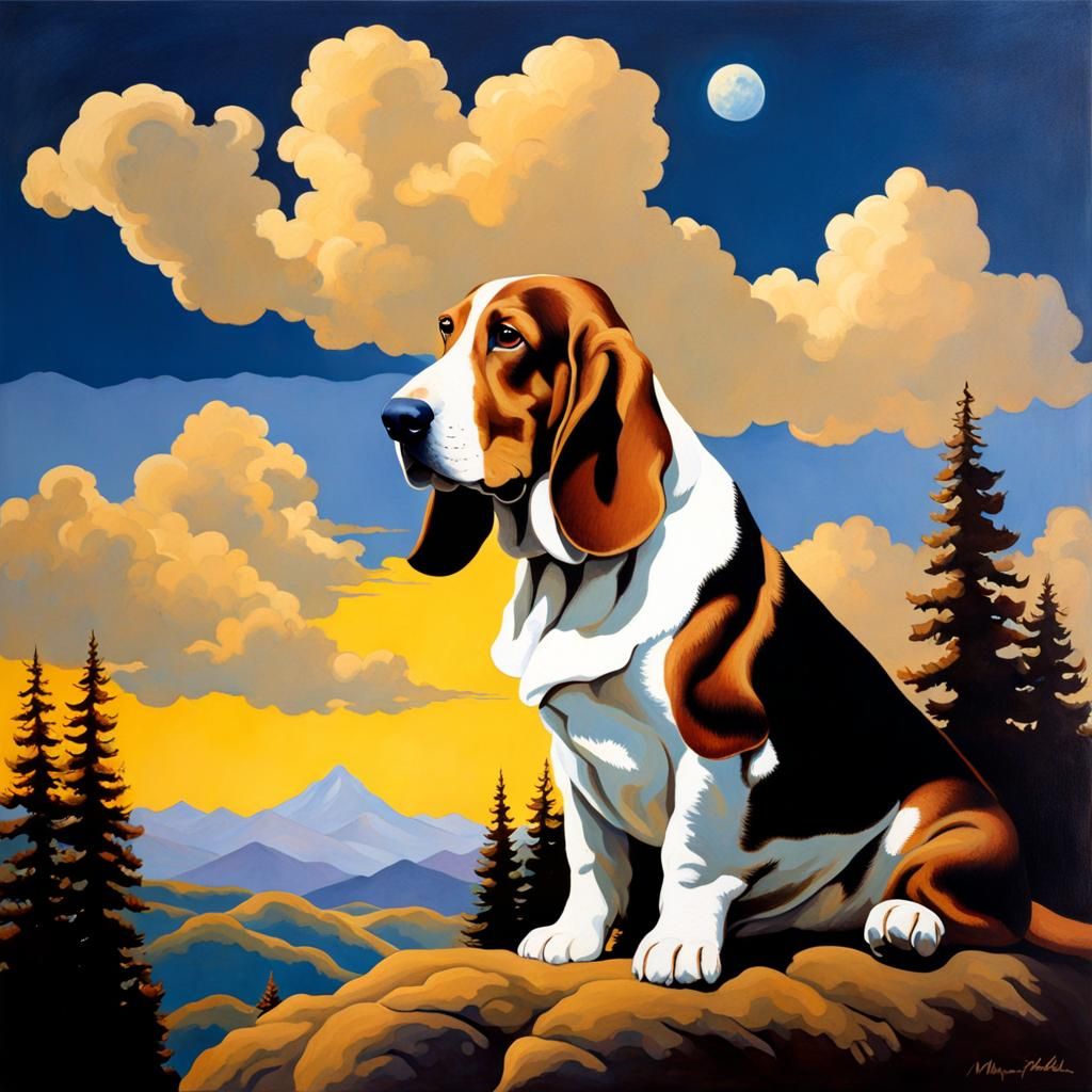 Basset Hound Gazing Skyward in Parrish Style
