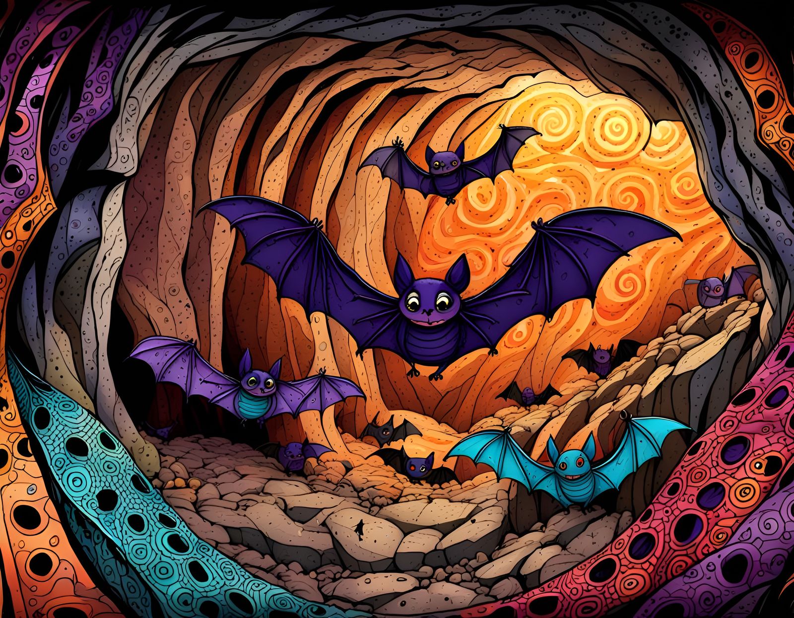 Bats in Cave: Detailed Zentangle Digital Art