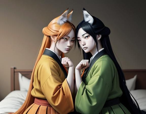 Kitsune Twins Kissing: Manga Style Concept Art