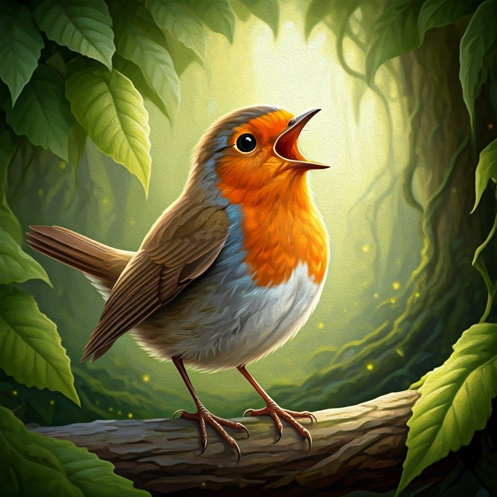 Robin Sings Opera in Enchanted Forest: Oil Painting