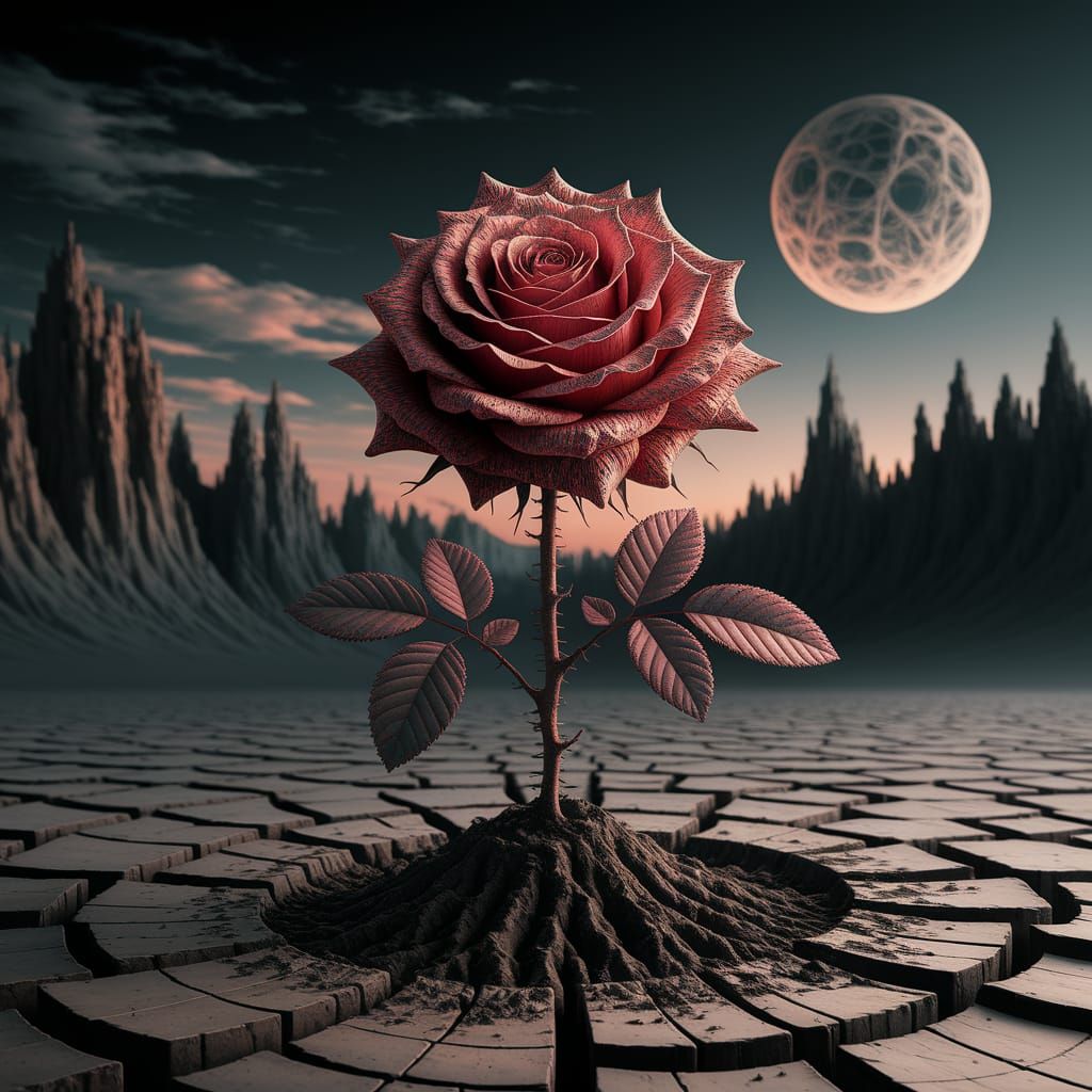 Mysterious Rose Blooms in Surreal Cracked Earth