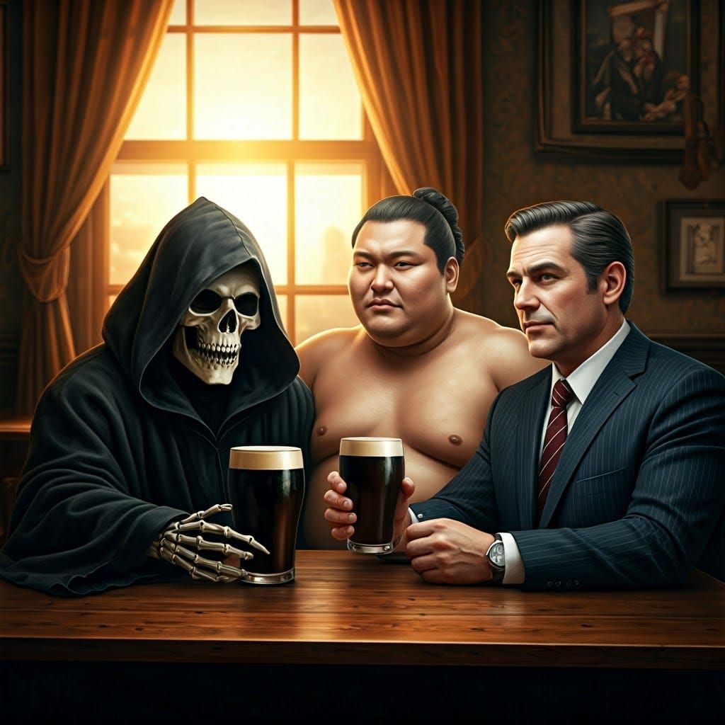 Grim Reaper, Sumo Wrestler, and Stockbroker at Pub