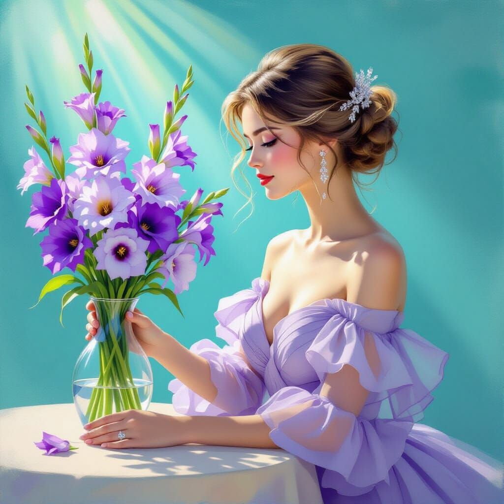 A beautiful, impressionistic painting depicts a young woman ...