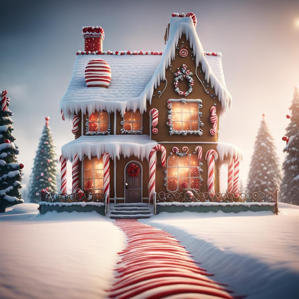 Gingerbread House on Snowy Plain in Matte Painting Style