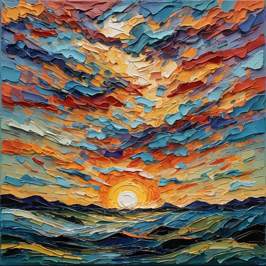 Abstract Impasto Sunset Painting in Complementary Colors