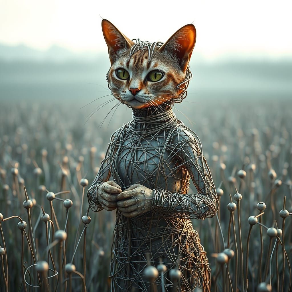 Metallic Cat Farmer in Wire Landscape