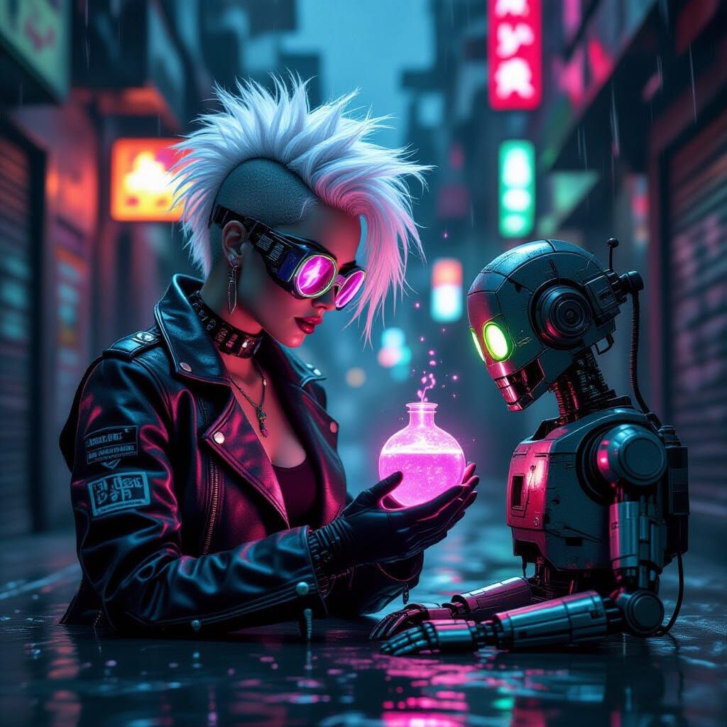 Cyberpunk Witch Selling Potion to Robot