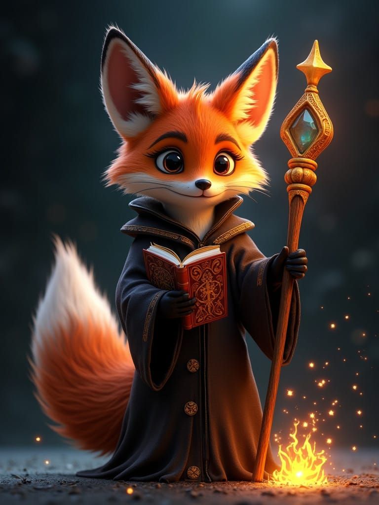 Mystical Fox Wizard Stands Proud with Book and Staff in Dram...