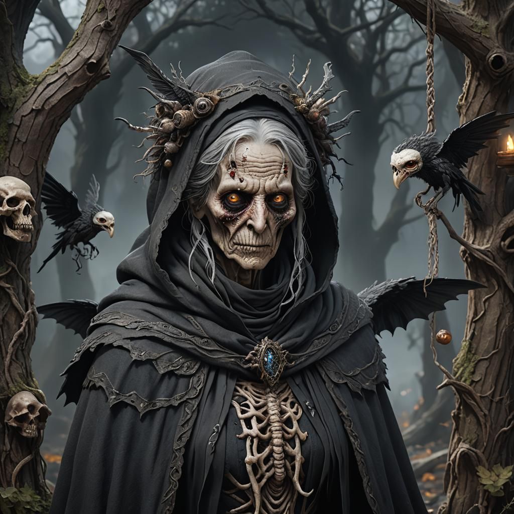 Ancient Hag Knitting Intestines: Detailed Matte Painting