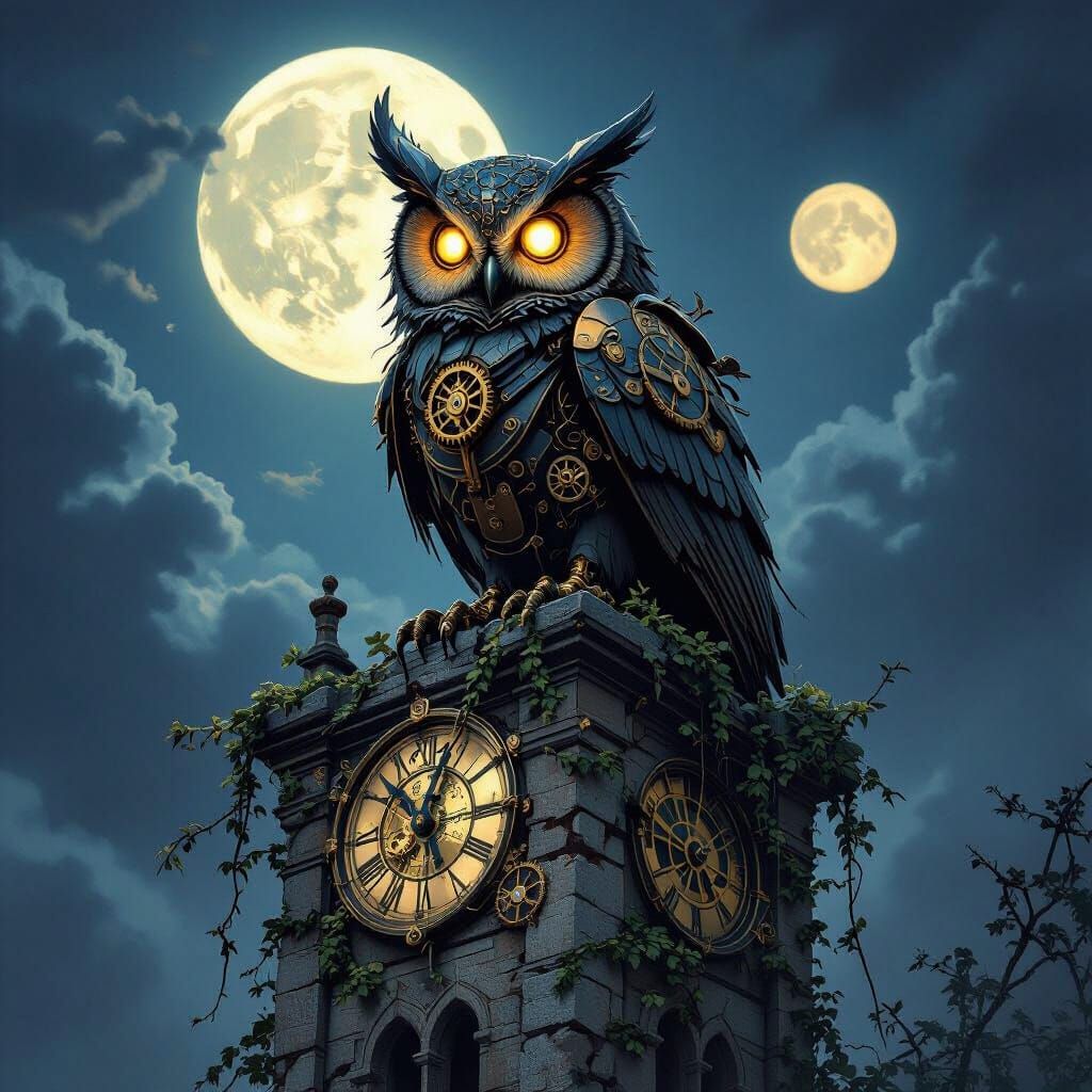 Mechanical Owl Perched Atop Clock Tower in Dark Fantasy Styl...