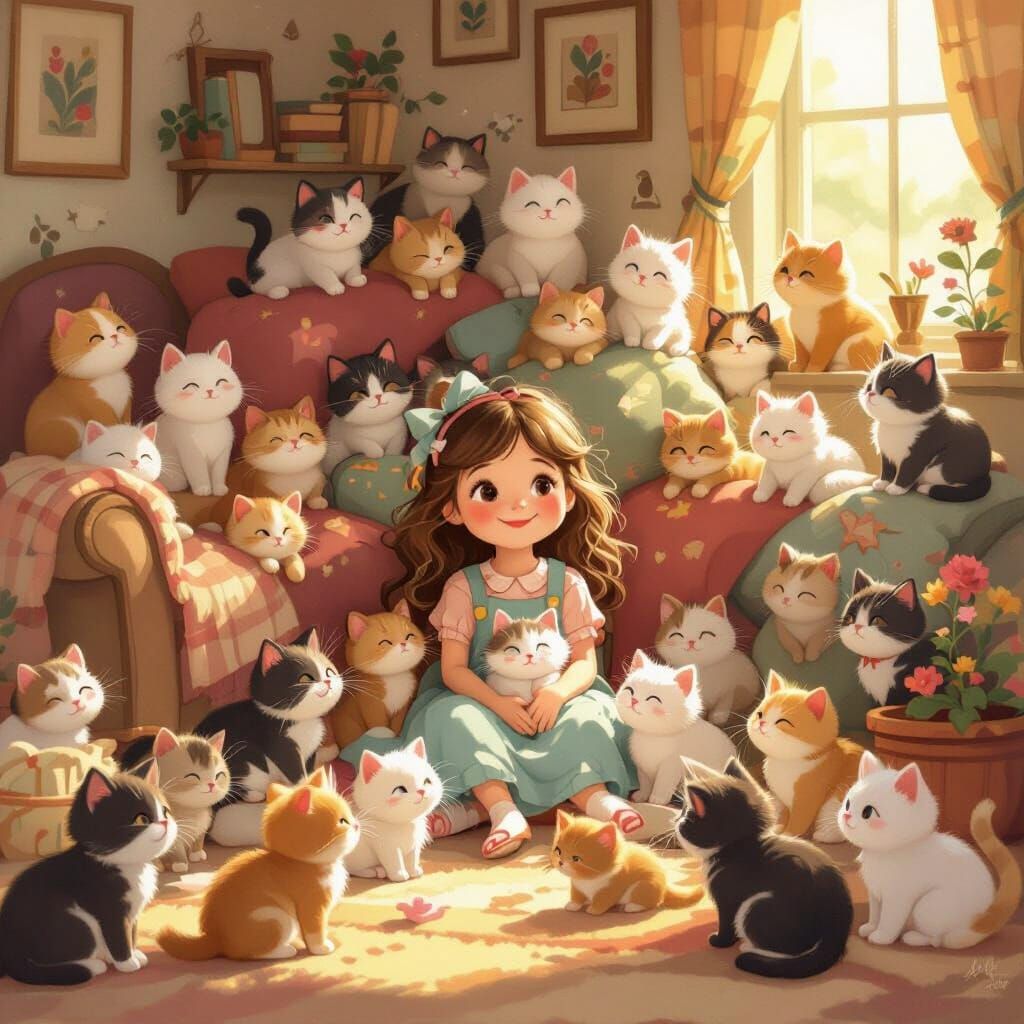 Cozy House Filled with Cats and a Smiling Girl