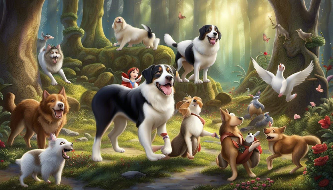 Snow White and Dog in Enchanted Forest