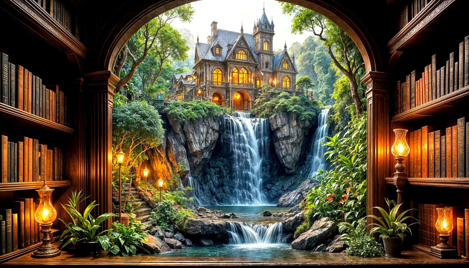 Victorian Engraving: Literary Oasis with Fantasy Waterfall