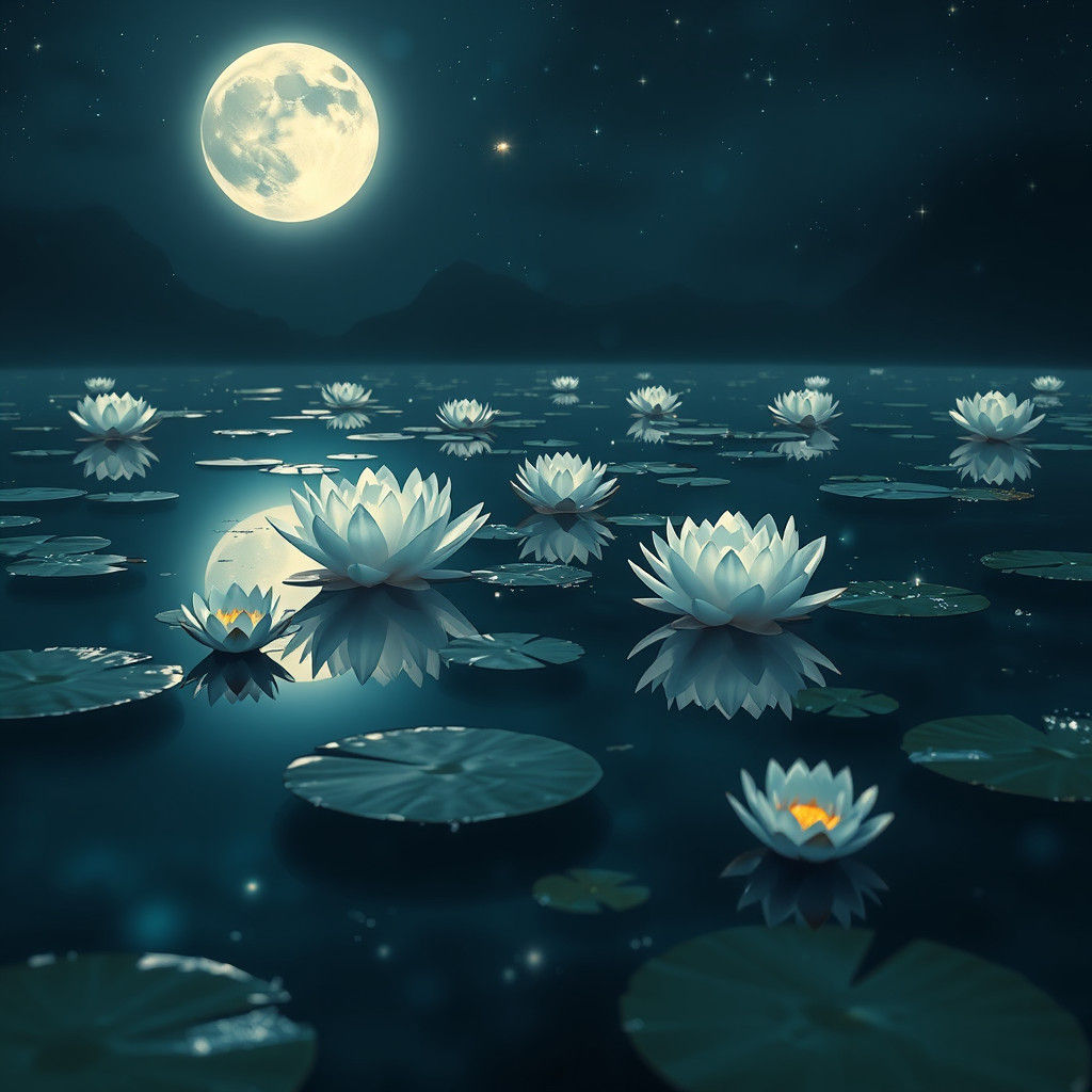 Ethereal Lotus Lake Reflecting Moon and Stars