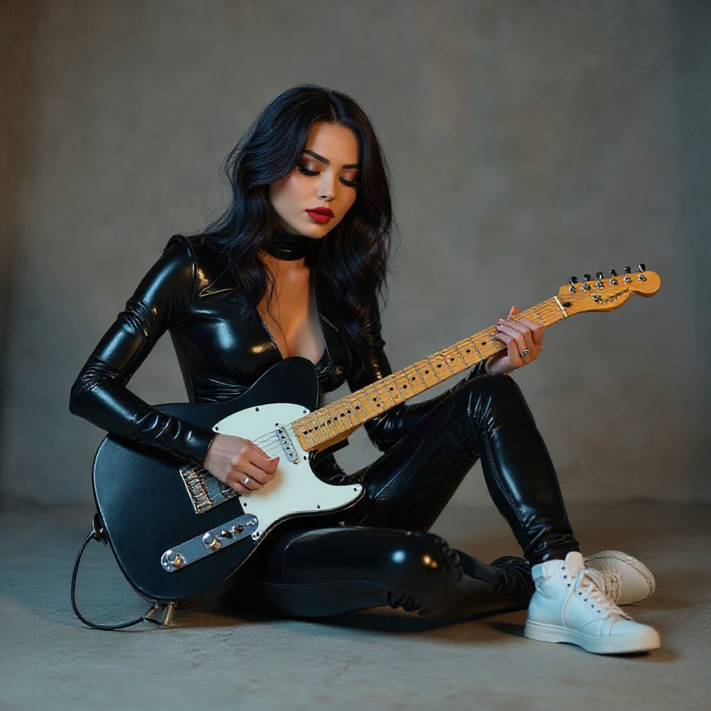 Woman in Latex Catsuit Plays Chrome Guitar