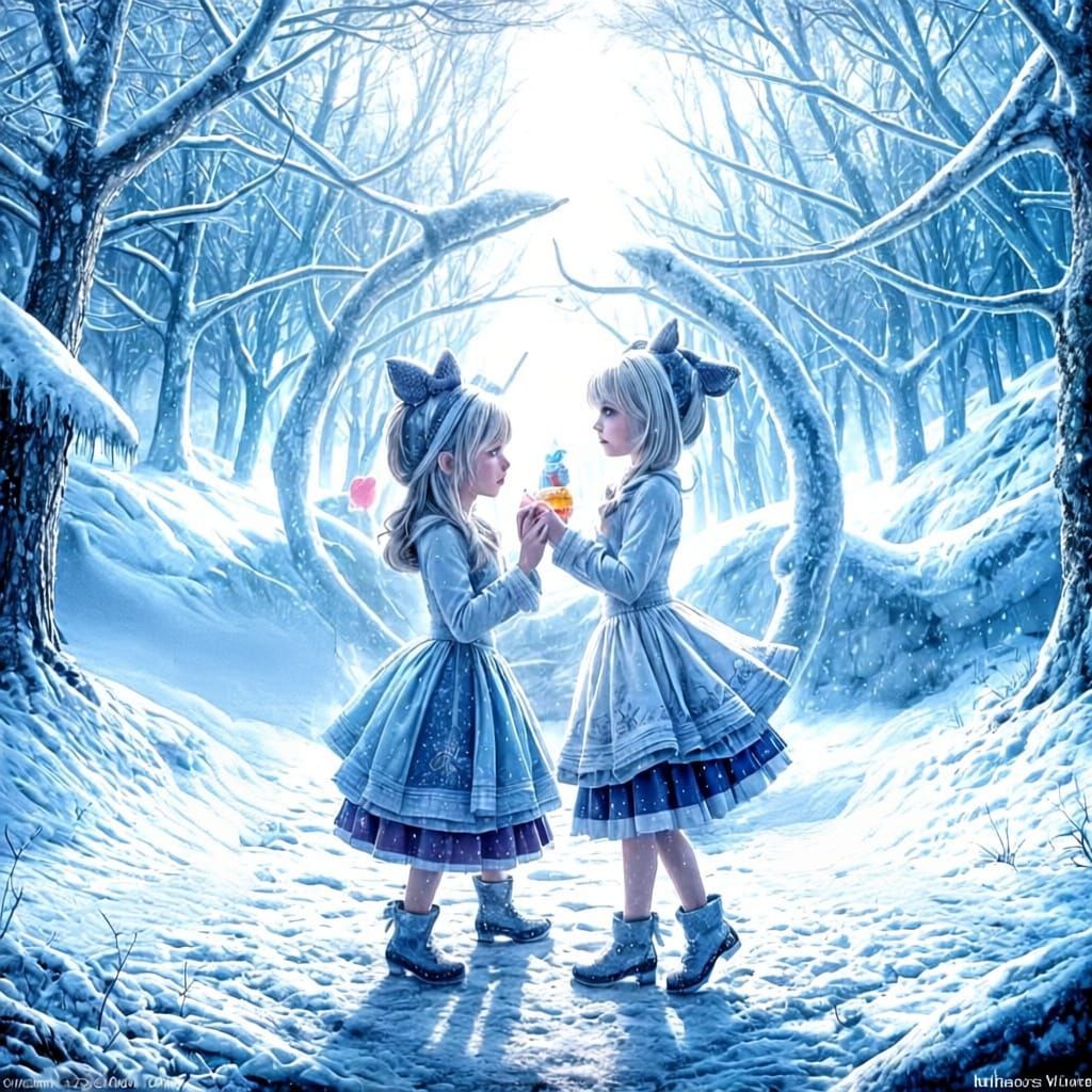 Disney Characters as Ice Sculptures in Snowy Forest