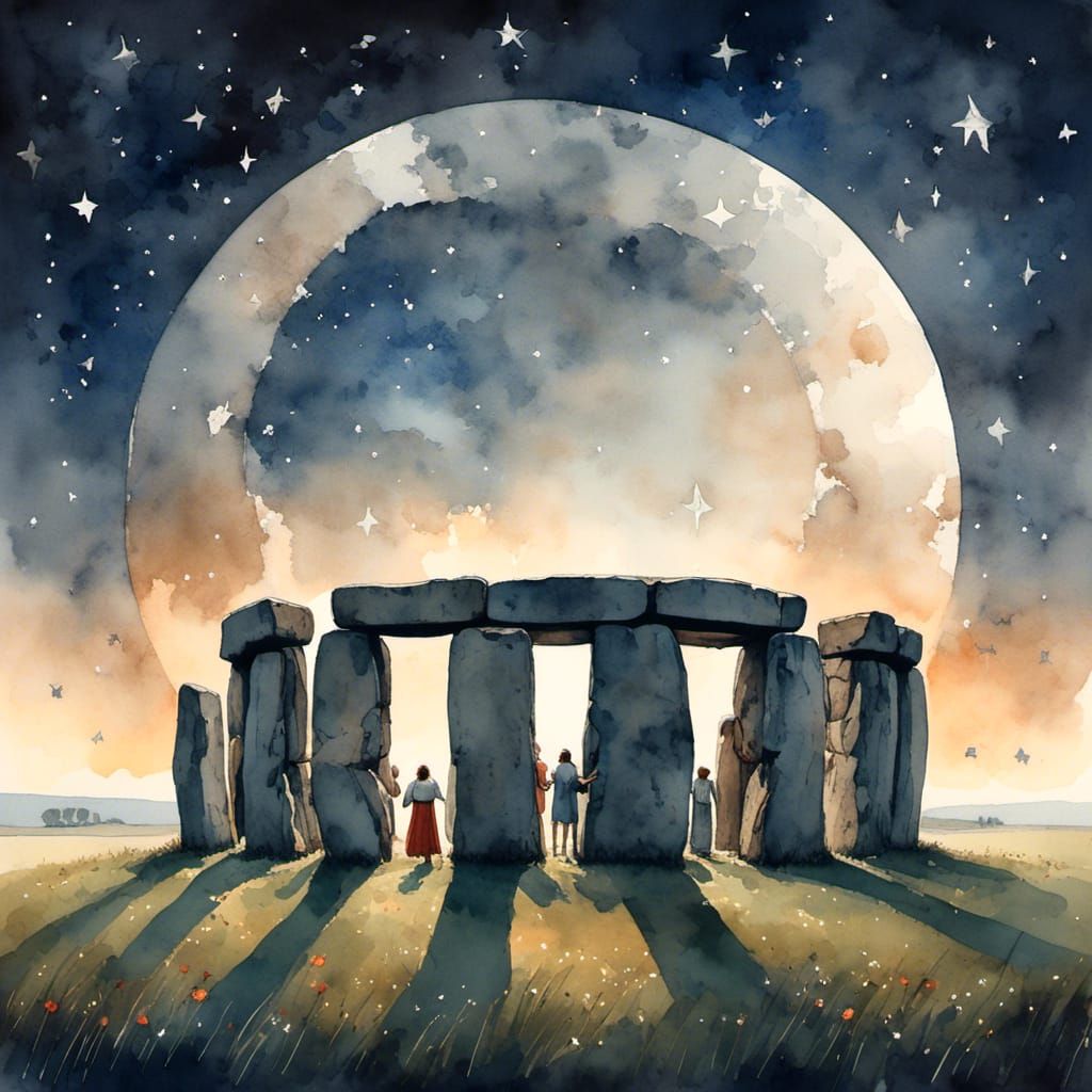 Restored Stonehenge Sun Ritual in Watercolor Style