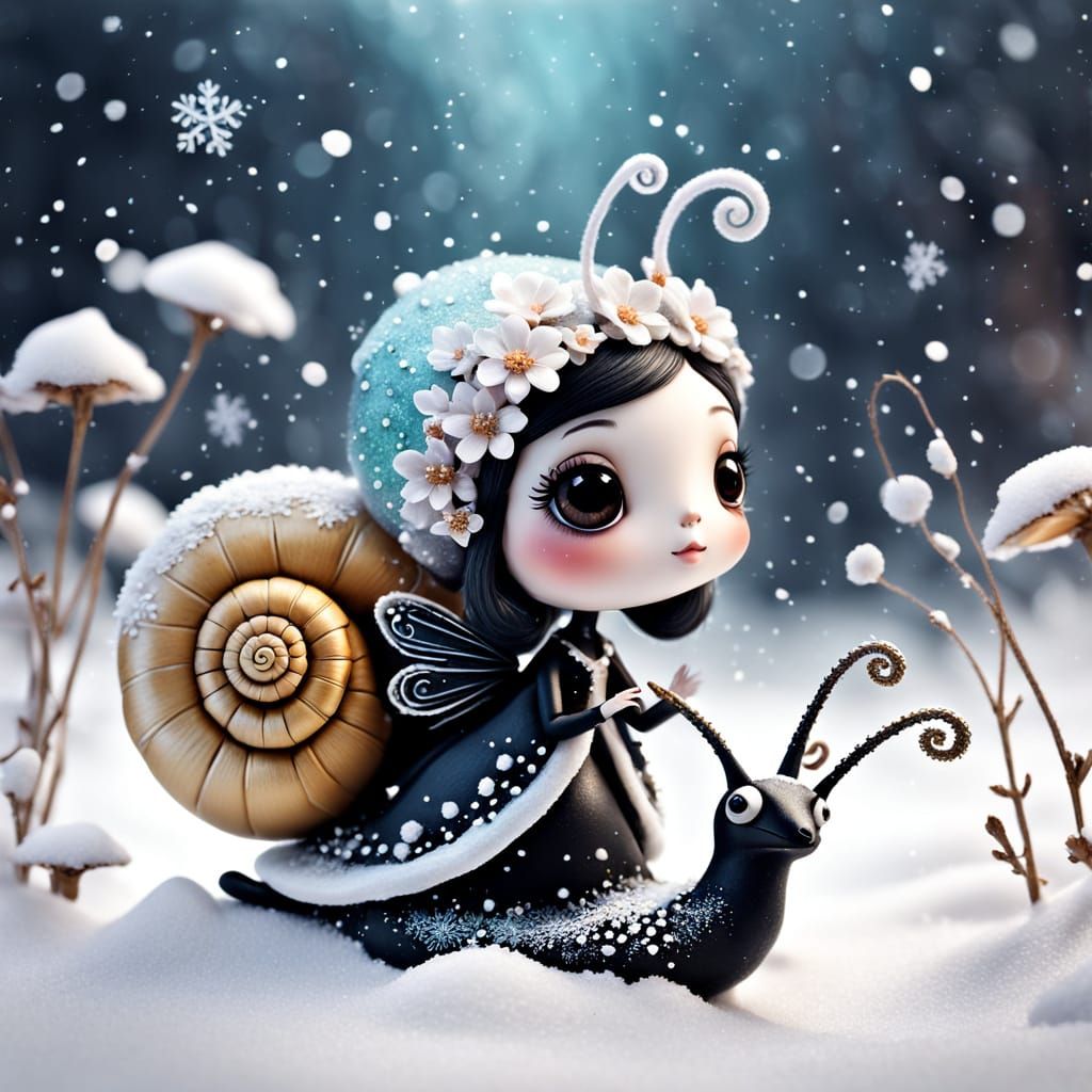 whimsical fantasy kawaii fairy and her baby snail