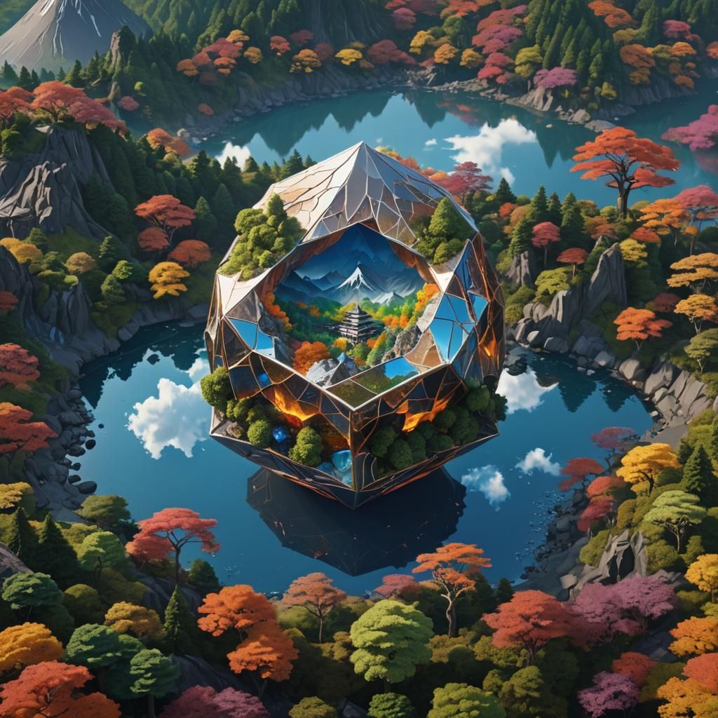 Futuristic City Inside Dodecahedron Near Mount Fuji