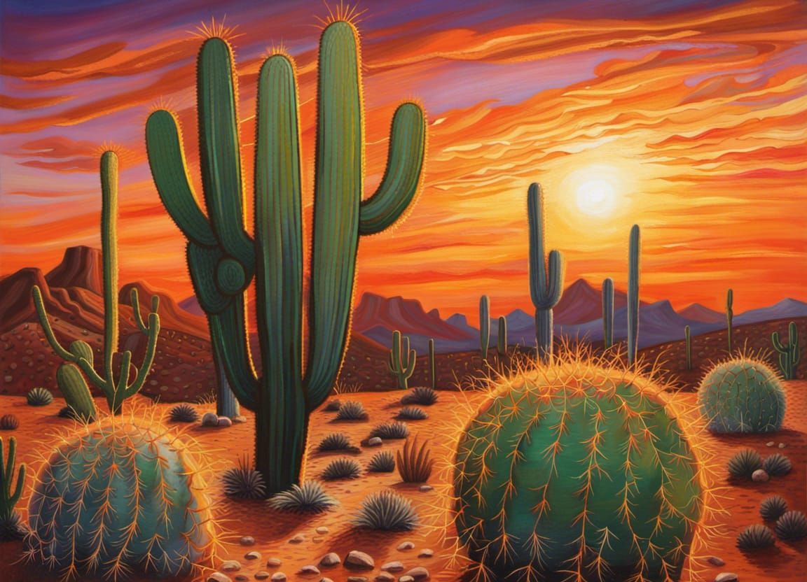 Arizona Desert Sunset in Hyperrealistic Oil Painting