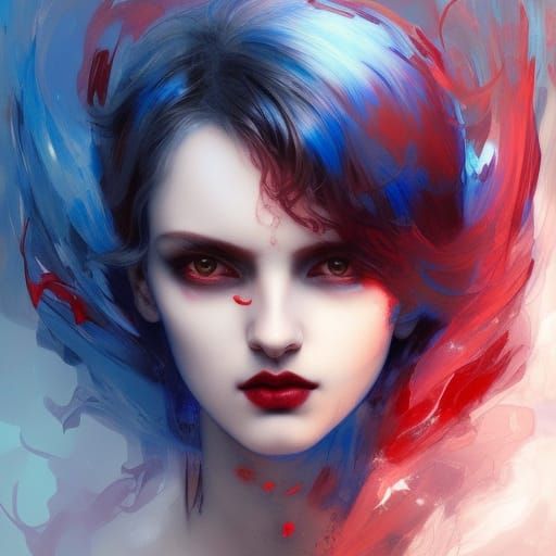Gothic Angel Portrait in Red and Blue