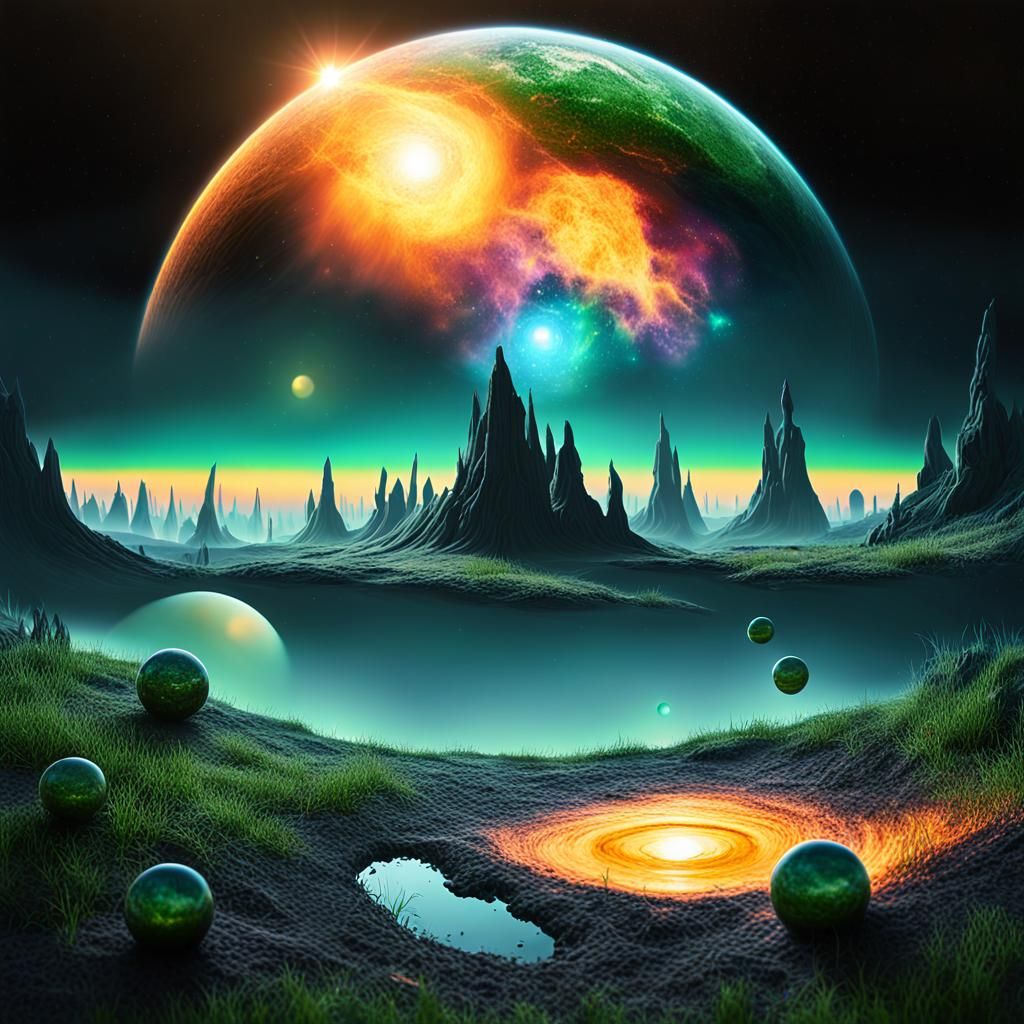 Surreal Sunrise with Planets in a Cosmic Landscape