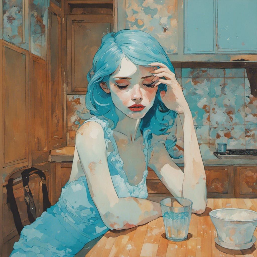 Lonely Figure at Kitchen Table in Frozen Tones