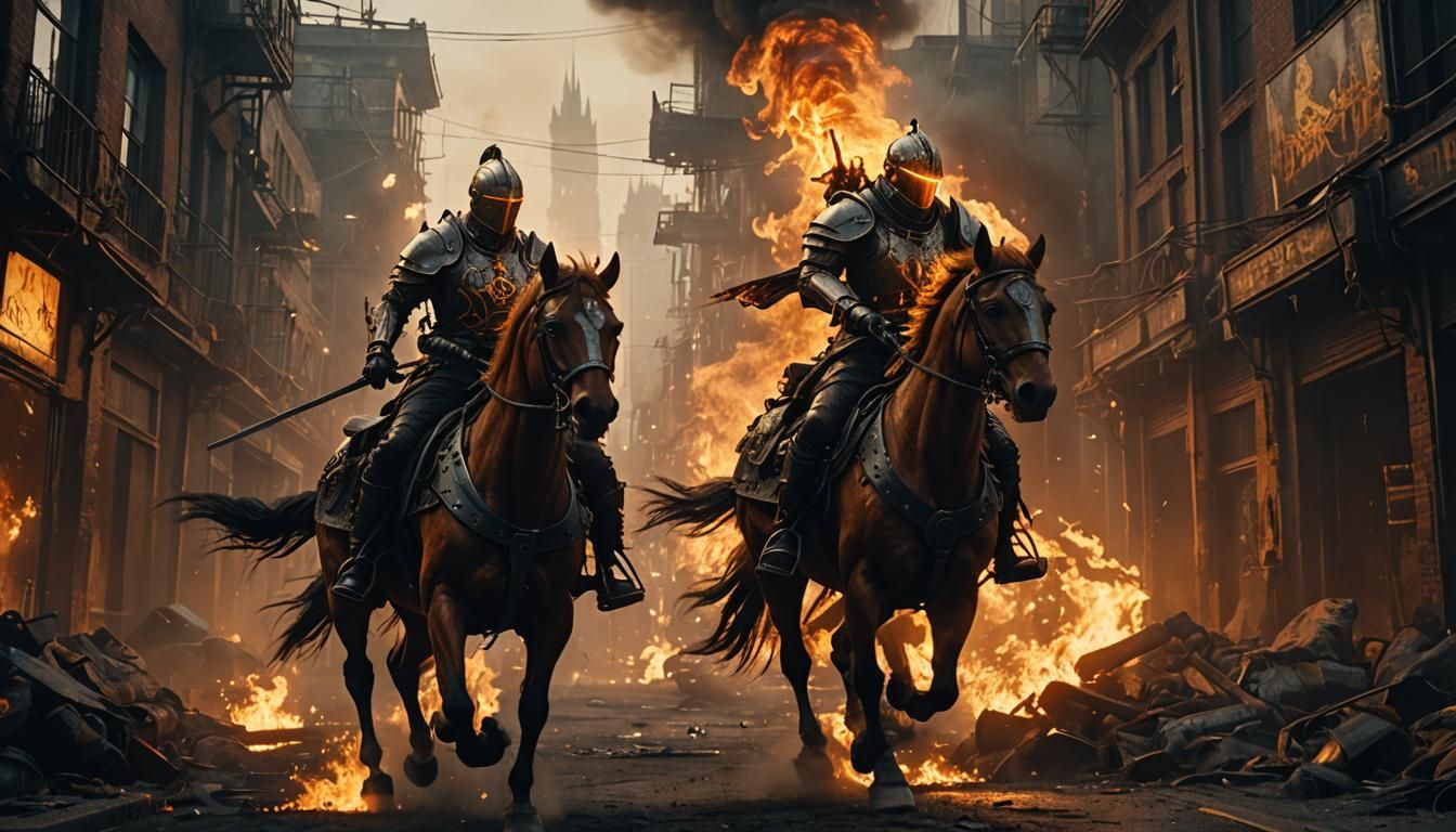 Fiery Knight Rides Steampunk Horse in Cyberpunk City