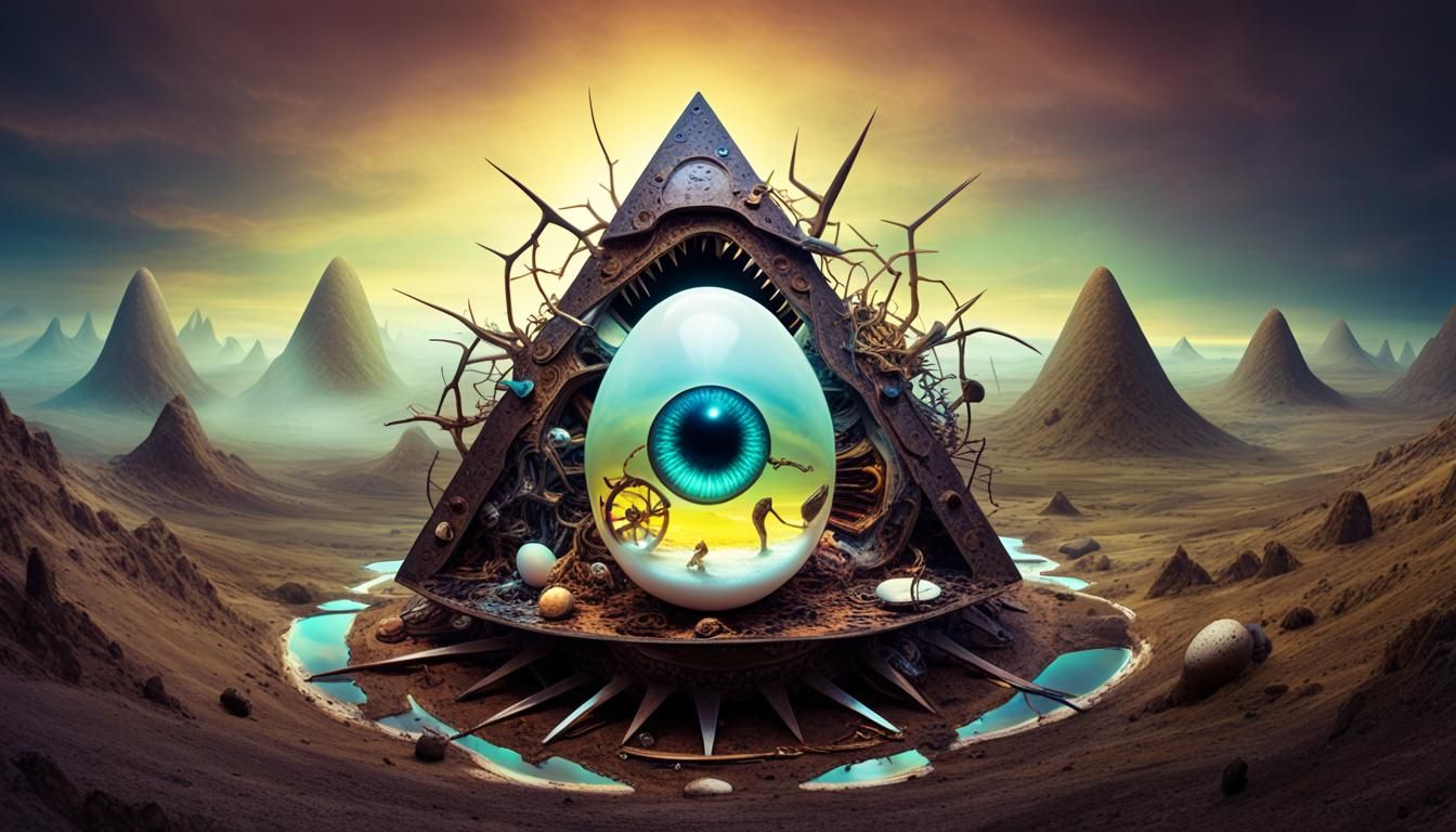 Clockwork Monster Hatching in Chromatic Surrealism