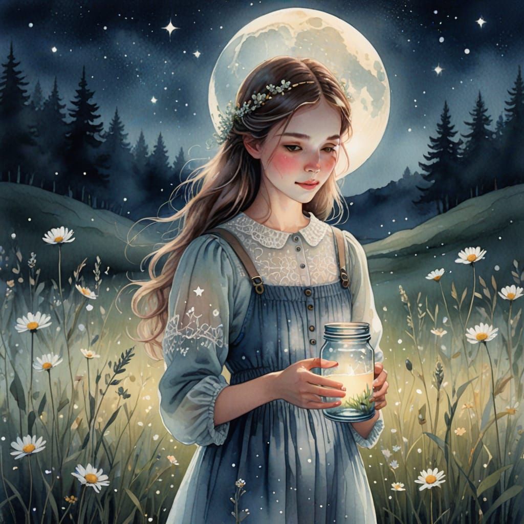 Whimsical Moonlit Girl in a Dreamy Meadow
