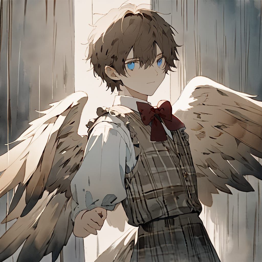 Gloomy Manga Character with Fluffy Brown Hair and Brown Bird...