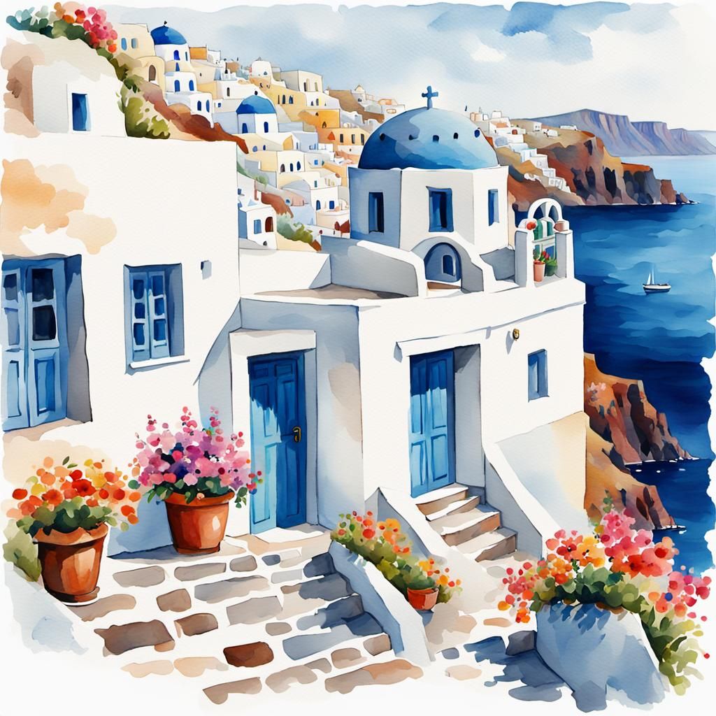 Santorini House Watercolor Painting in Gouache Style