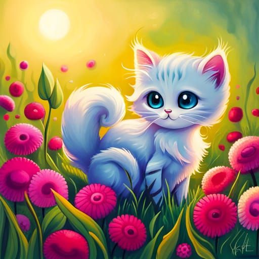 Fluffy Kitten in Grassy Field, Dreamy Fantasy Art