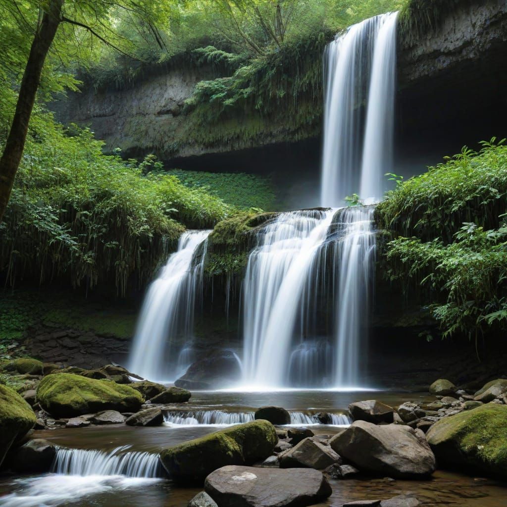Serene Waterfalls Flowing Through Lush Green Landscape