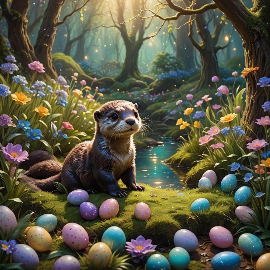Enchanted Otter's Easter Egg Hunt: Oil Painting