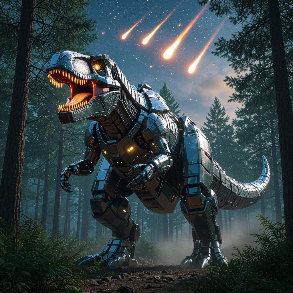 Armored Mecha T-Rex Roaring Under Meteor Shower