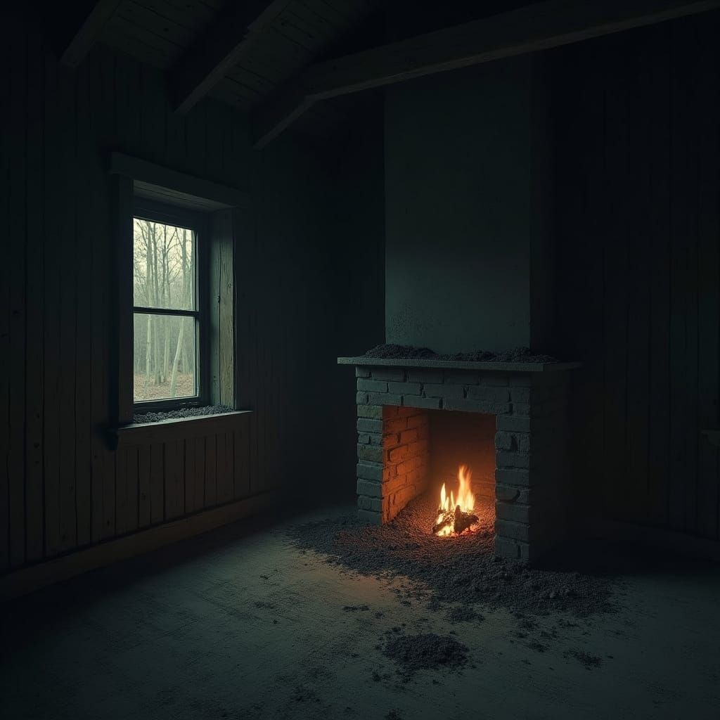 Eerie Cabin Interior with Cold Fire, Cinematic Style