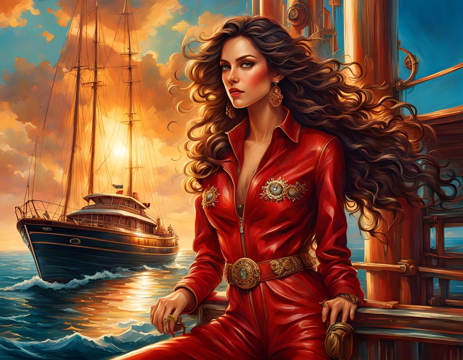 Brunette in Red Jumpsuit on Yacht, Concept Art